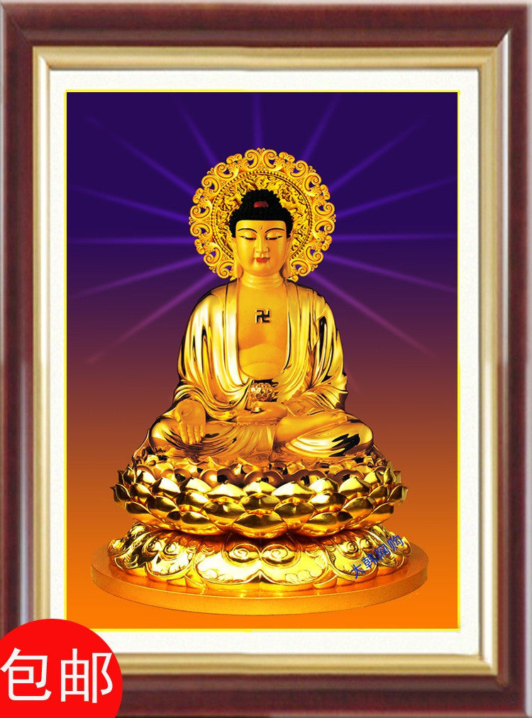 Buddhist West Three St. Buddha's BodhisattBodhisattva Western pole music world teaches main Amitabha Buddha Cross embroidered living room hanging painting