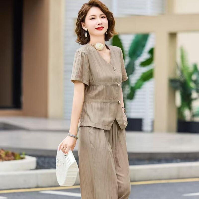 Maxmurny Summer New Fashion Elegant Luxury Suit Linen Age-Reducing Short-Sleeved Top Wide-Leg Pants Two-Piece Set