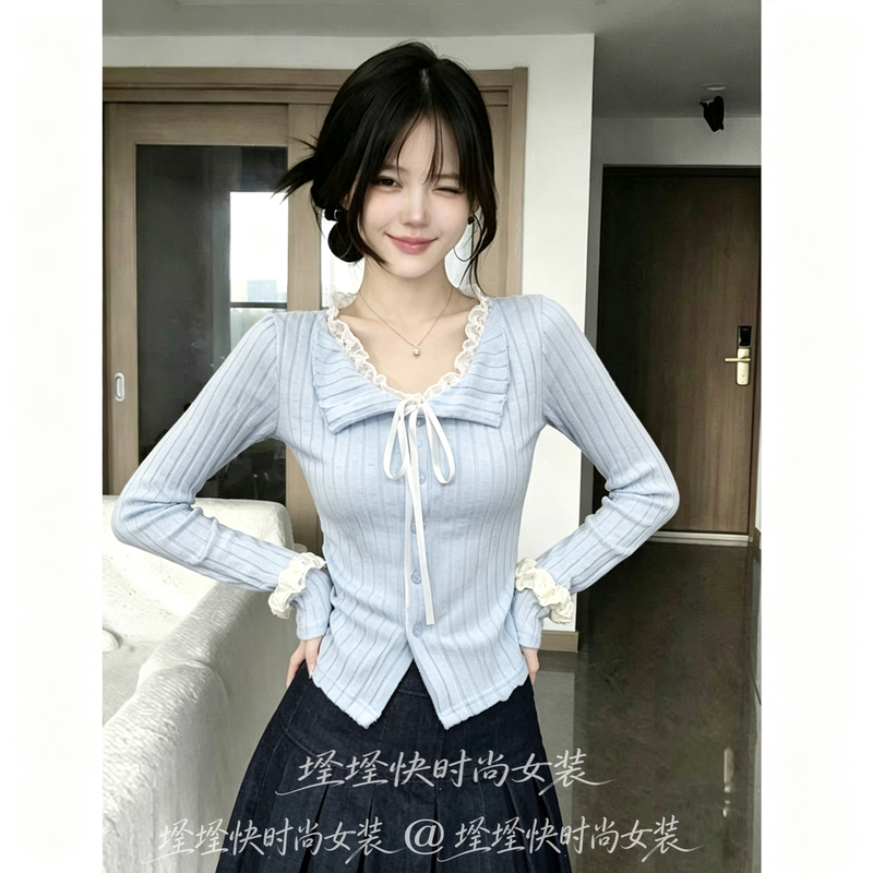 Korean Style Blue Faux Two-Piece Lace-Up Long-Sleeve T-Shirt for Women, 2026 Autumn New Slim-Fit Trendy Top Korean Style Blue Faux Two-Piece Lace-Up Long-Sleeve T-Shirt for Women, 2026 Autumn New Slim-Fit Trendy Top