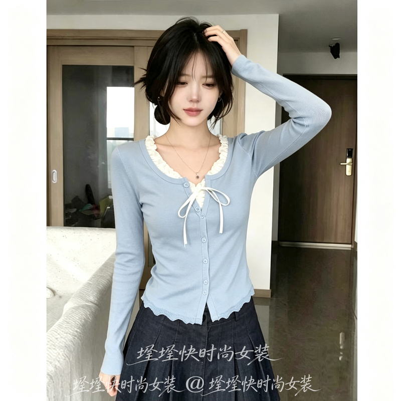 French Sweet Style Lace Splicing Bow Long-Sleeve T-Shirt for Women, New Autumn Slim-Fit Base Shirt Top