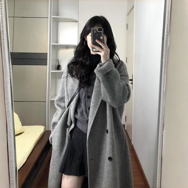 High-End Gray Double-Sided Wool Cashmere Coat for Women 2025 New Winter Petite Woolen Coat