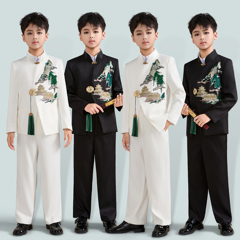 New Boys' New Chinese-Style T-Stage Embroidered Piano Performance Poetry Recitation Traditional Chinese Dress Performance Outfit Set New Boys' New Chinese-Style T-Stage Embroidered Piano Performance Poetry Recitation Traditional Chinese Dress Performance Outfit Set