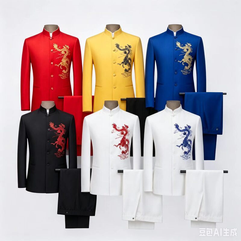 Embroidered Zhongshan Suit Choir Performance Costume for Men, Chinese Style Stand-Up Collar Student Red Song Choir Middle-Aged and Elderly Band Performance Costume