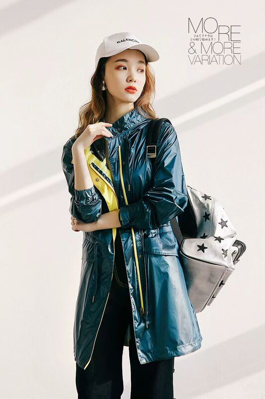 Spring and Autumn Women's Thin Hooded Drawstring Waist-Cinching Water-Repellent Taped Seam Sun-Protective Rainproof Mid-Length Jacket