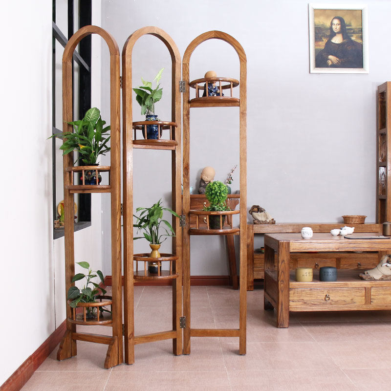 All solid wood folding flower stand American screen wooden partition mobile living room bedroom office antique entrance entrance