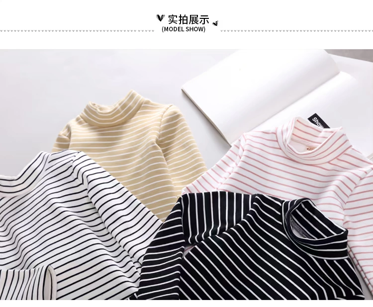 Cộng với áo nhung trẻ em nửa cổ cao chạm đáy áo cotton bé trai và bé gái sọc quần áo mùa thu và áo khoác dày áo thun dài tay