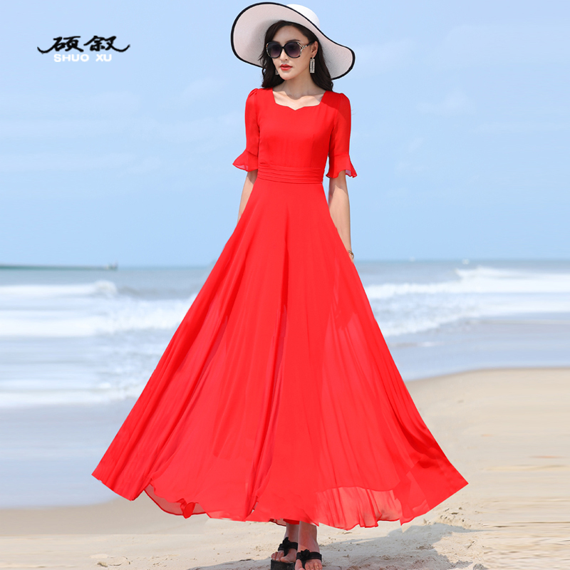 Red Dress, New Summer Style, Slimming, Super Pretty, Elegant, High-End, Trendy, Mid-Sleeve, Sheer, Long Skirt for Women Red Dress, New Summer Style, Slimming, Super Pretty, Elegant, High-End, Trendy, Mid-Sleeve, Sheer, Long Skirt for Women