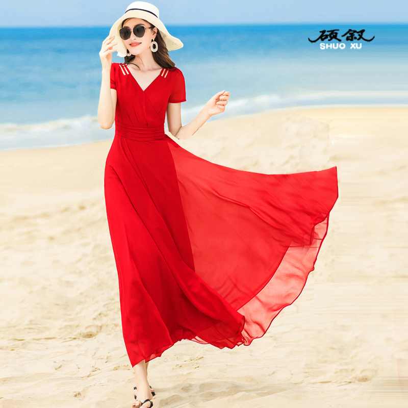 Long Summer Dress with V-Neck, New 26 Style, Red, Very Beautiful Chiffon Dress, High-End, Slimming, Beautiful, Large Hem Dress for Women on Vacation