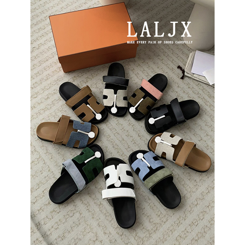 Lao Li's 2026 New Trendy Velcro Genuine Leather Slippers for Women, Summer Outdoor Thick-Soled Beach Sandals