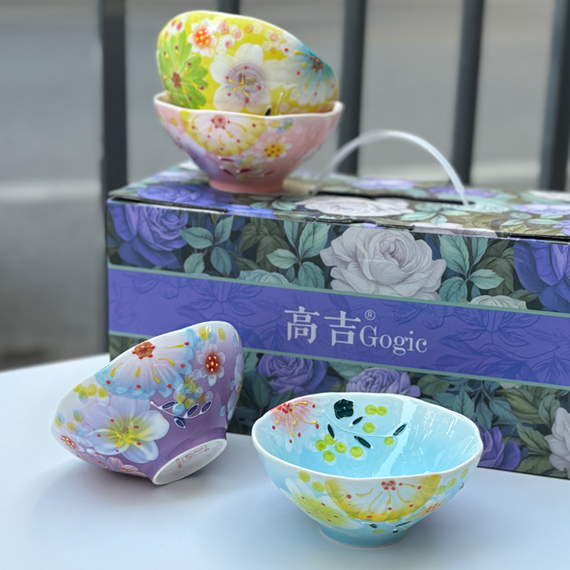 Seto Ware Tall Bowl Ceramic Rice Bowl Salad Bowl Vegetable Bowl Hand-Painted Relief Household Tableware High-Temperature Rice Bowl with Unique Design