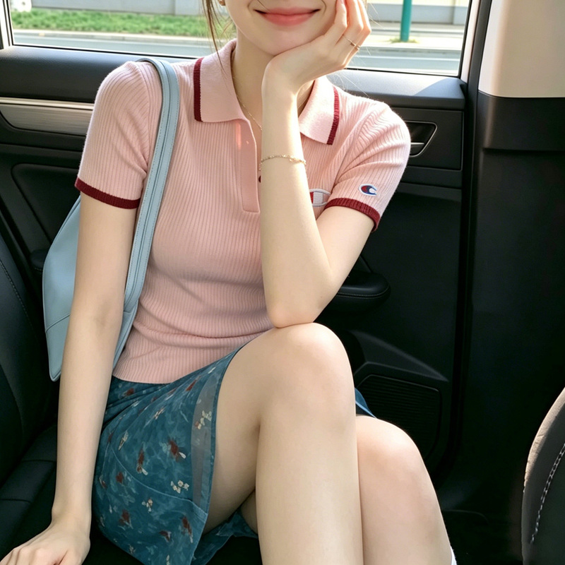 Japanese Style Slim Fit Slimming Polo Collar Waist-Cinching Short-Sleeve T-Shirt for Women, Summer Thin Sweater Top for Students