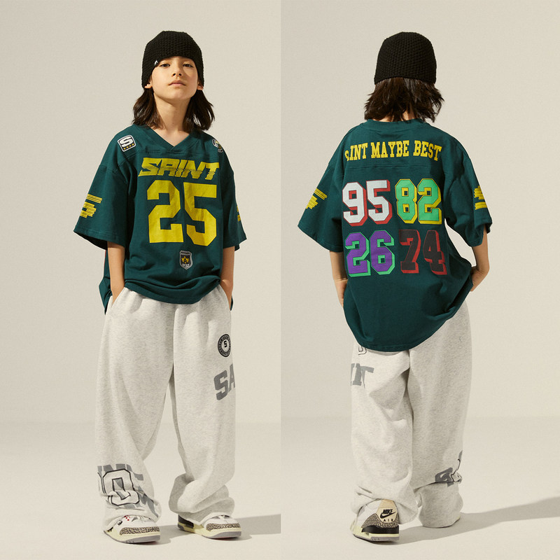 Children's Grass Green Printed Short-Sleeve V-Neck Performance Outfit Hip-Hop Street Dance Trendy Clothing Retro American-Style Sweatpants Set Trendy Children's Grass Green Printed Short-Sleeve V-Neck Performance Outfit Hip-Hop Street Dance Trendy Clothing Retro American-Style Sweatpants Set Trendy