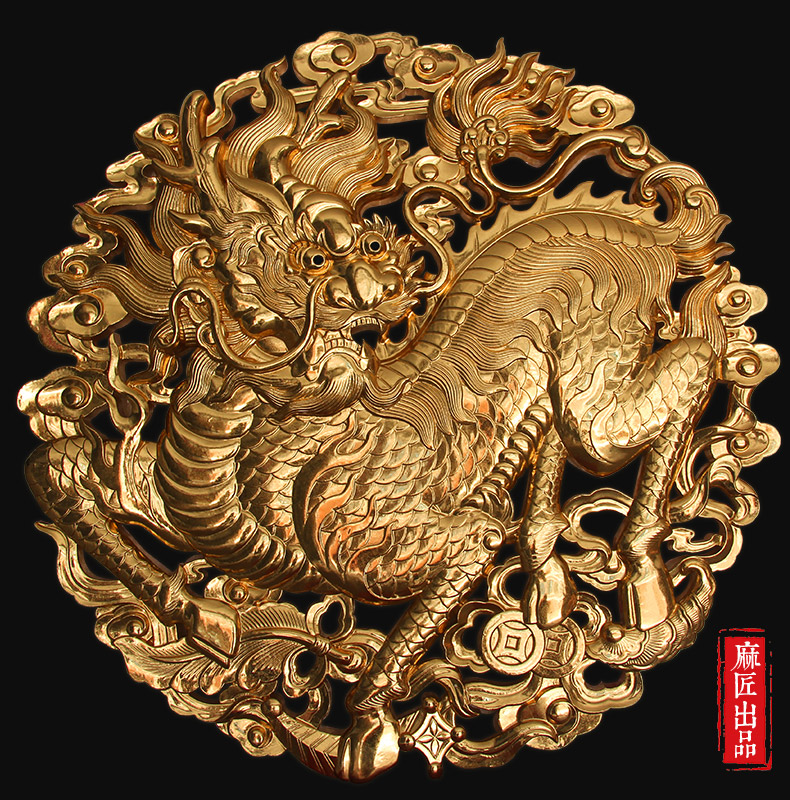 East Yang Wood Carving High-end Patch Gold Leaf Fragrance Zhangmu wall-hanging auspicious Kirin Town Residence Thever Hollowed-out Three-dimensional Pendant