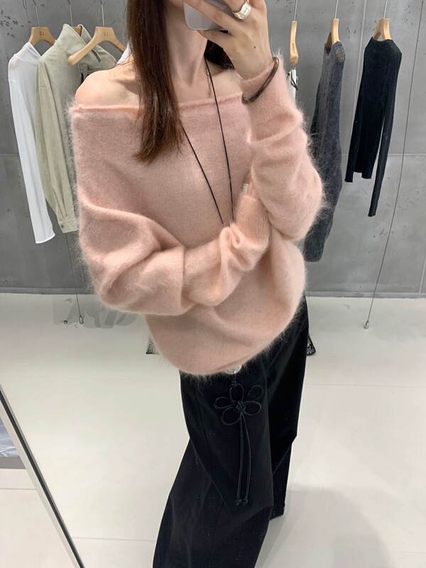 Ambre Ultra-Gentle Off-Shoulder Sweater for Women, Elegant and Lazy Style, Soft and Delicate Mohair Top 81901