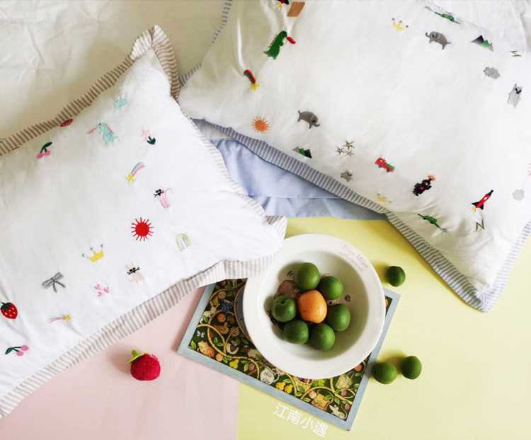 Foreign Trade Pure Cotton Embroidery Cartoon Animal Fruit Boy Girl Kindergarten Pillowcase 30x50cm Custom Embroidered Name