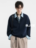 [Контрастный цвет воротника рубашки, искусственный дизайн из двух частей] BJZE25, весенний свободный пуловер с половинной молнией, толстовка для мужчин