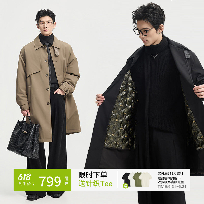 [Detachable down Jacket] Windproof Lapel Parka Naples Trench Coat Winter Mid-Length down Jacket for Men
