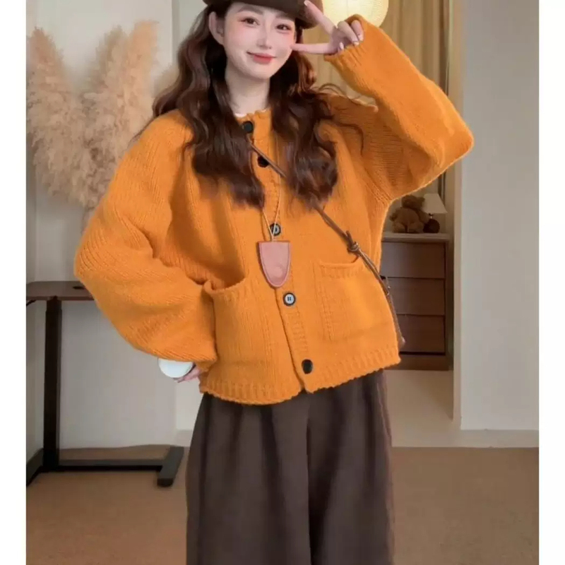 Orange Round-Neck Soft Sweater Cardigan, Lazy Style, Loose and Simple Single-Breasted Knit Jacket, Korean Style Outfit Top