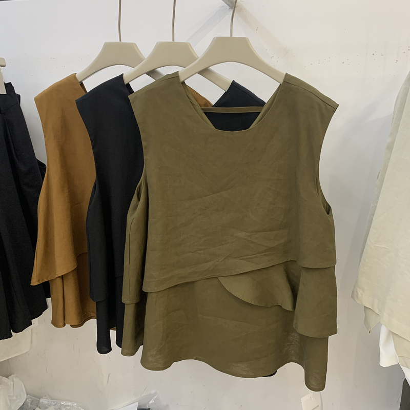 Korean-Style Layered Ramie Sleeveless Shirt for Women, 2026 Summer New Style, Loose Fit, Slimming, Irregular Ruffle Top