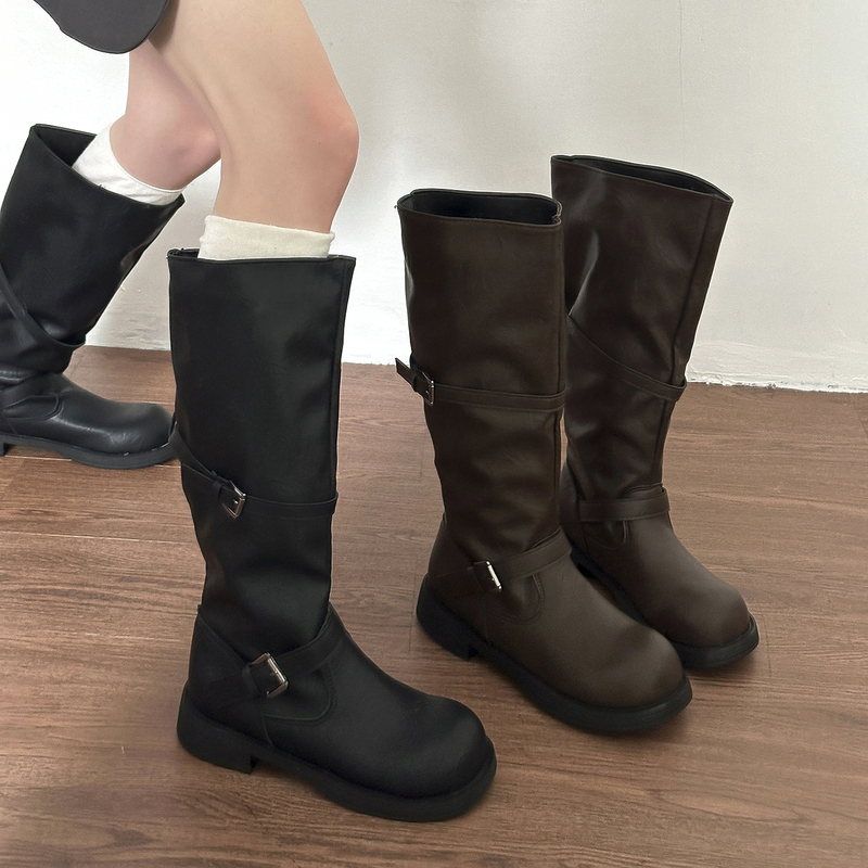 Internet Celebrity Hot Girl Belt Buckle Long Boots for Women, New Autumn and Winter Retro High-Top Slouch Boots, Western Cowboy Riding Boots