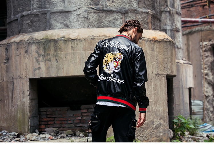 Da của nam giới tiger head thêu đồng phục bóng chày mùa thu và mùa đông đầu máy PU leather jacket triều thương hiệu air force jacket coat triều áo khoác jean