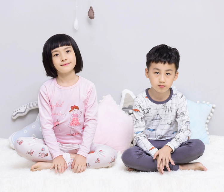 Bộ đồ lót trẻ em Xiao Qinglong thiết kế bé trai và bé gái mùa xuân và mùa thu cotton quần áo cotton Lycra cổ tròn bộ đồ trẻ em đẹp