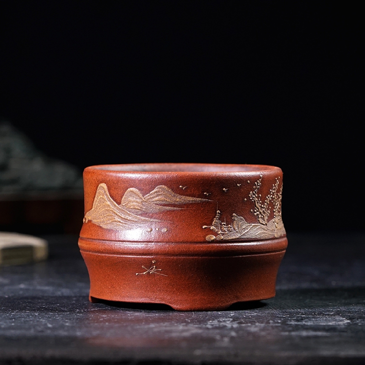 Republic of China purple sand flowerpot pure handmade mud-painted miniature flowerpot Taiwan backflow old object bamboo succulent flowerpot