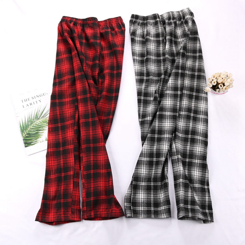 Quần ngủ kẻ sọc màu đỏ và đen của phụ nữ quần cotton cotton kích thước lớn mùa xuân và mùa thu eo quần nhà quần bông nam thu đông