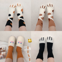 Autumn and winter cute cat claw coral velvet stockings warm floor socks sleep socks cute sister home plush socks children