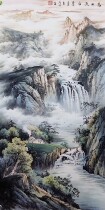 Boutique Liang Haibo color ink Zhongtang landscape painting high mountains and flowing water cornucopia high-grade calligraphy and painting works small six feet hand-painted