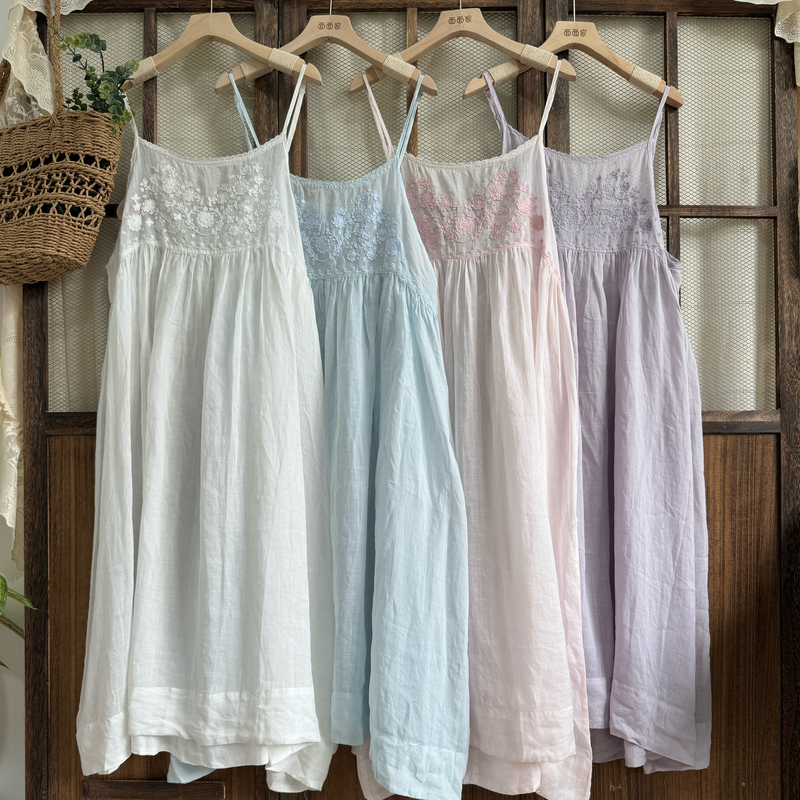Japanese-Style Fresh Ramie Embroidered Camisole Dress for Women, Summer Loose Mid-Length Dress 204/235/236/237 Japanese-Style Fresh Ramie Embroidered Camisole Dress for Women, Summer Loose Mid-Length Dress 204/235/236/237