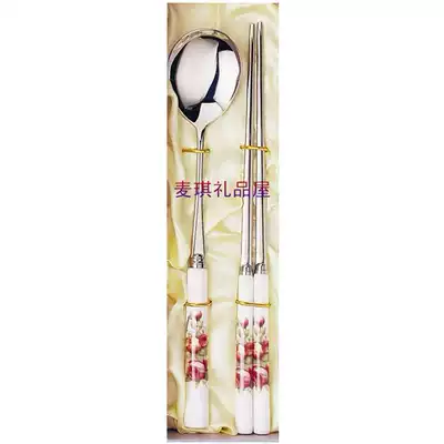 Korean imported tableware TOPMATE pink rose bone china handle thick stainless steel spoon flat chopsticks 1P without gift box