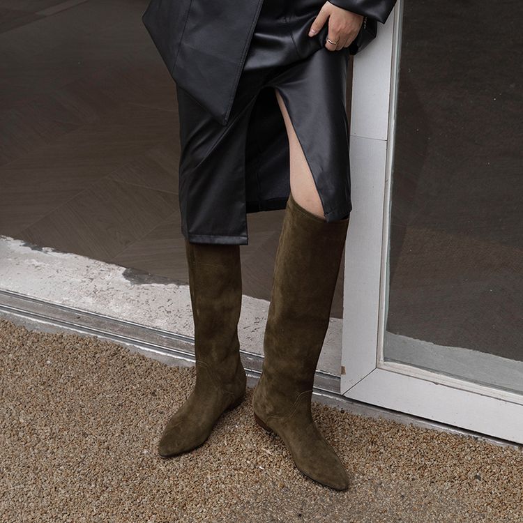 Genuine Leather French-Style Flat Suede Riding Boots for Petite Women, Knee-High Boots, Wide-Leg Knee-High Boots, Flat-Top High-Leg Long Boots for Women Genuine Leather French-Style Flat Suede Riding Boots for Petite Women, Knee-High Boots, Wide-Leg Knee-High Boots, Flat-Top High-Leg Long Boots for Women