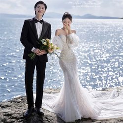 New studio photo theme Costume Couple Seaside Lacey Fish Tail Bubble Sleeve Tube top Wedding Dress