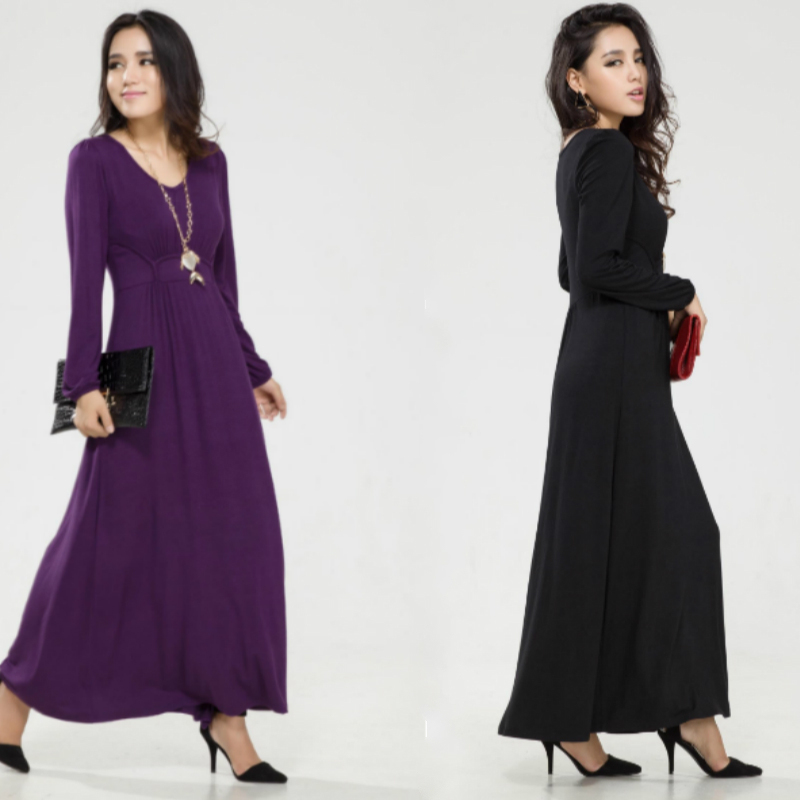 Spring and Autumn Modal Long Sleeve V-Neck Dress for Plus Size Women, Slimming Bohemian Style, Large Size Base Layer Long Dress for Women