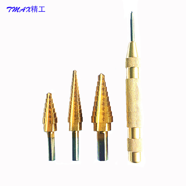 Triangular handle British high-speed steel straight groove titanium-plated step drill 3-piece set small 3pc gold center window breaker