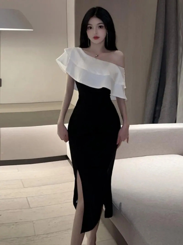Plus Size 150kg Elegant Off-Shoulder Dress for Women, Slim Fit with Ruffles, Slit and Color-Blocking Dress 220 Plus Size 150kg Elegant Off-Shoulder Dress for Women, Slim Fit with Ruffles, Slit and Color-Blocking Dress 220