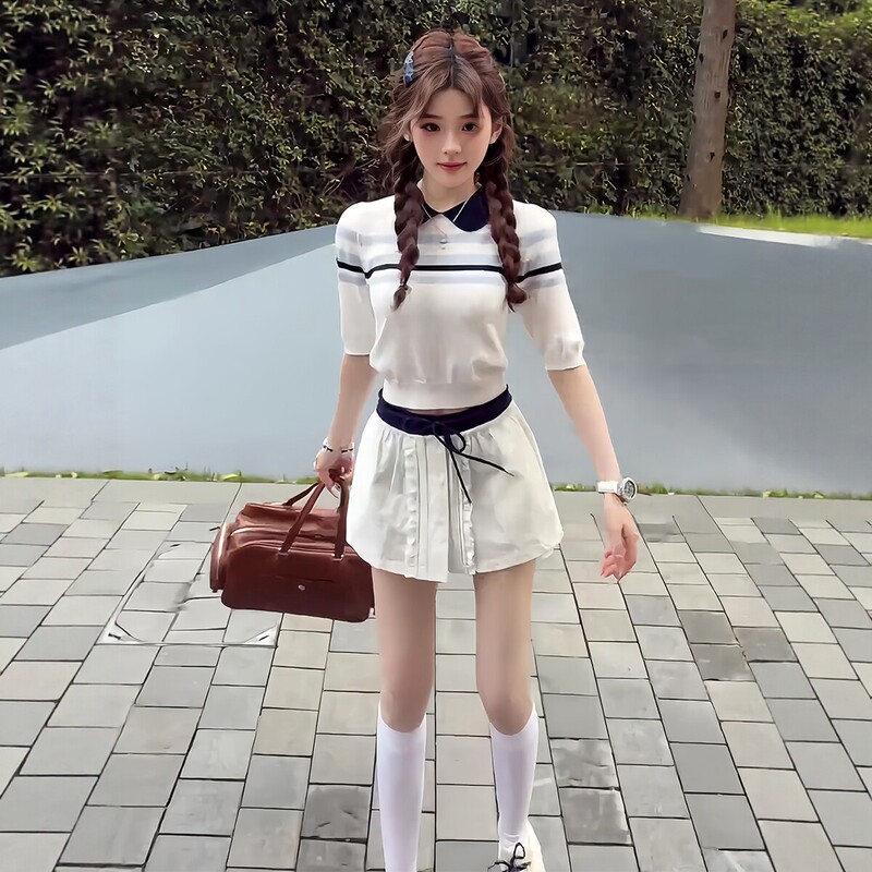 Academy Style Doll Collar Striped Knit Sweater for Women 2026 Summer New Short-Sleeve Slim-Fit Short T-Shirt for Petite Figures