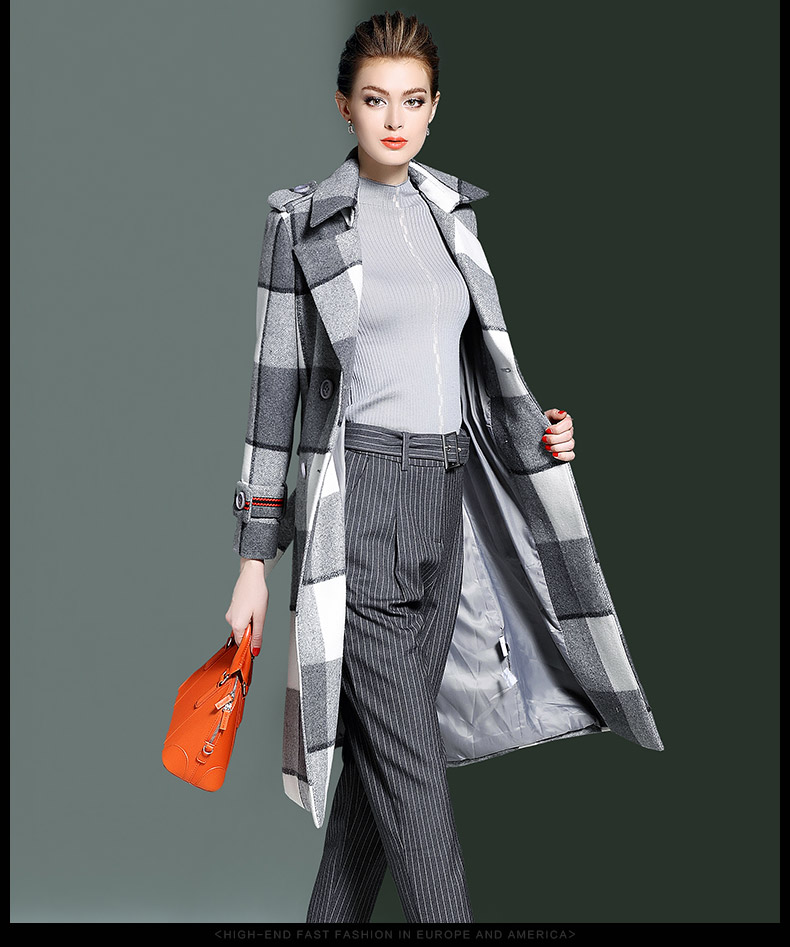 Haiqing màu xanh 2017 mùa thu và mùa đông của phụ nữ new len khí eo kẻ sọc dài len coat jacket 3614 áo dạ lông cừu nữ