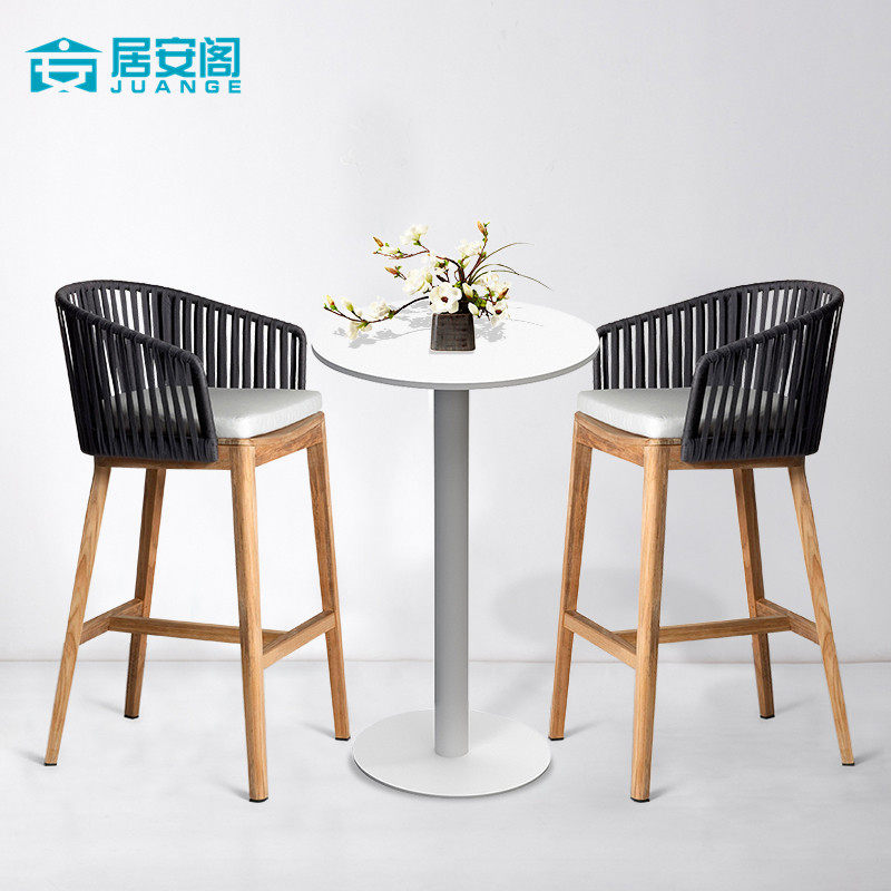 Outdoor Bar Stool Solid Wood Modern Back Chair Outdoor Casual Rattan High Stool Cafe Teak Bar Stool