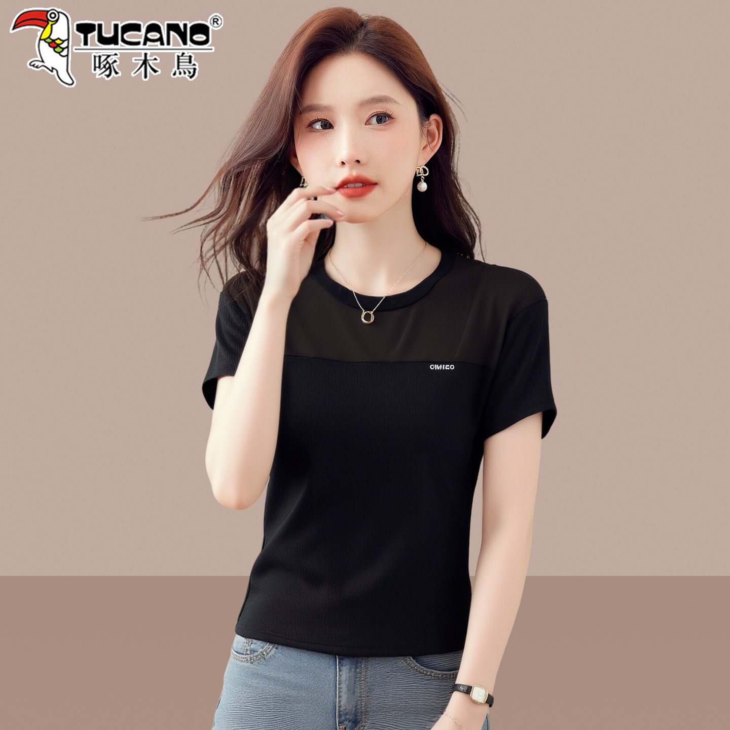 啄木鸟圆领短袖t恤女2026新款夏季薄款时尚洋气小个子设计感上衣