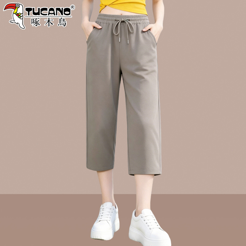 Woodpecker Casual Cropped Pants for Women 2026 New Summer Mom Style Commuting Loose Slimming Drawstring Straight Pants