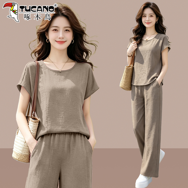 Woodpecker Casual Suit for Women 2026 New Trendy Popular Women's Clothing Summer Short-Sleeved Wide-Leg Pants Two-Piece Set Woodpecker Casual Suit for Women 2026 New Trendy Popular Women's Clothing Summer Short-Sleeved Wide-Leg Pants Two-Piece Set