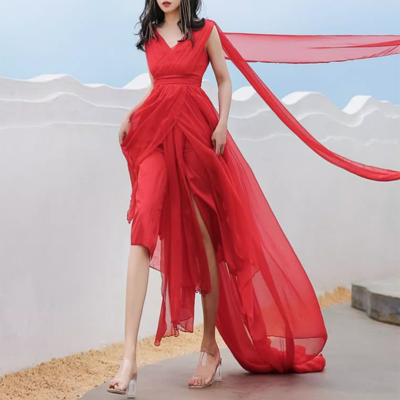 Sanya Qinghai Lake Travel Photography Super Fairy-Like Silk Mulberry Silk Dress Desert Sleeveless Backless Floor-Length Maxi Dress