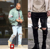 Kanye West Skinny Ripped Jeans For Men Male Black Motorcycle