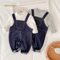 Baby fake two-piece clothes 0-2 year old baby strap long sleeve open crotch knitted soft denim crawling suit ha clothes ML089