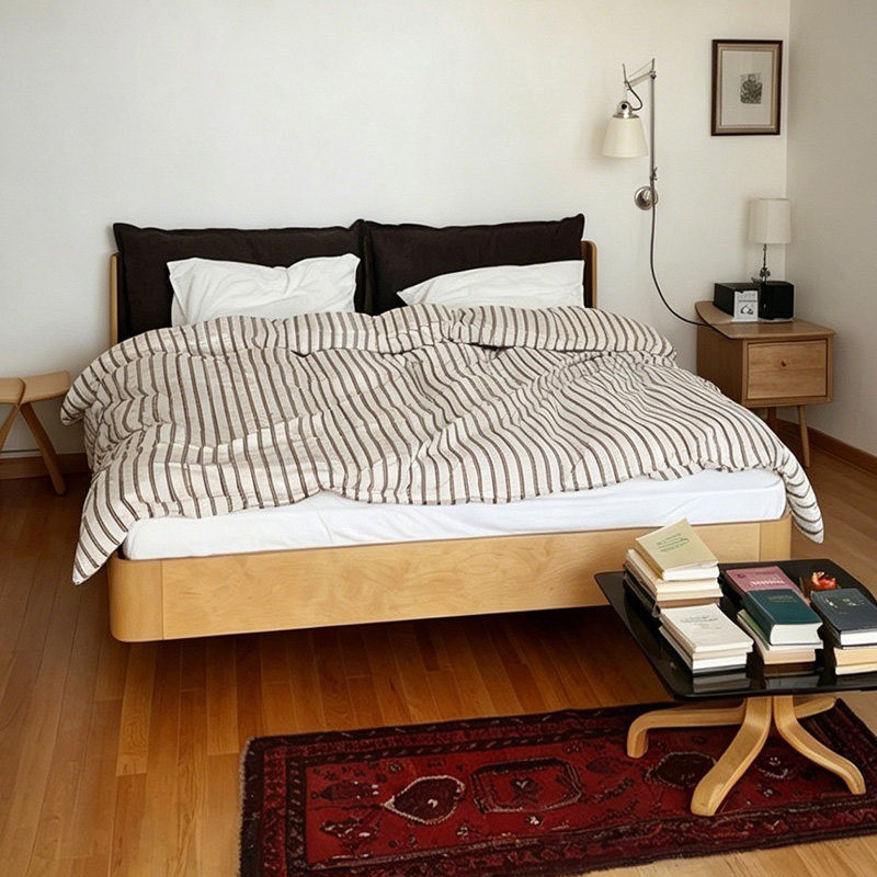 Bauhaus Bed 1.5m Double Bed with Mid-Century Style Slatted Frame, Ramia Bedroom High-Legged Floating Small Apartment Solid Wood Bed