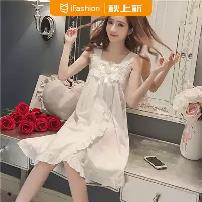 Suspender nightdress women 2021 Spring and Autumn new cotton sexy sweet cute pajamas White can wear home clothes