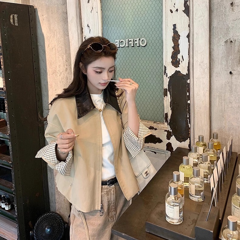 2025 Spring and Autumn New Korean Style Color-Block Patchwork Lapel Sheepskin Jacket for Women, Vintage Casual Elegant Jacket Top