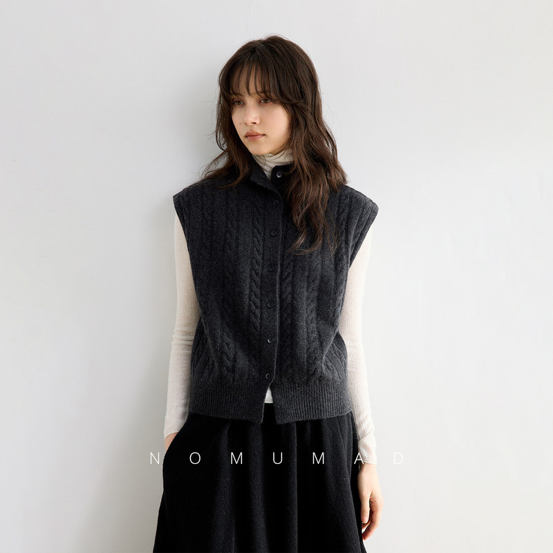 Shanyu Muma 2026 Autumn Cable Knit Stand Collar Knitted Vest Coarse Wool Cardigan Sleeveless Vest